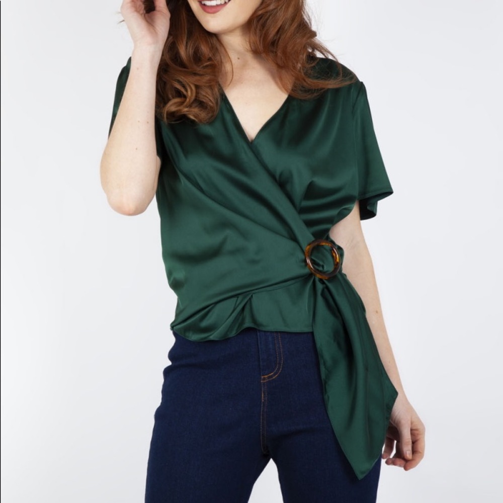 Green Wrap Blouse with Resin Buckle